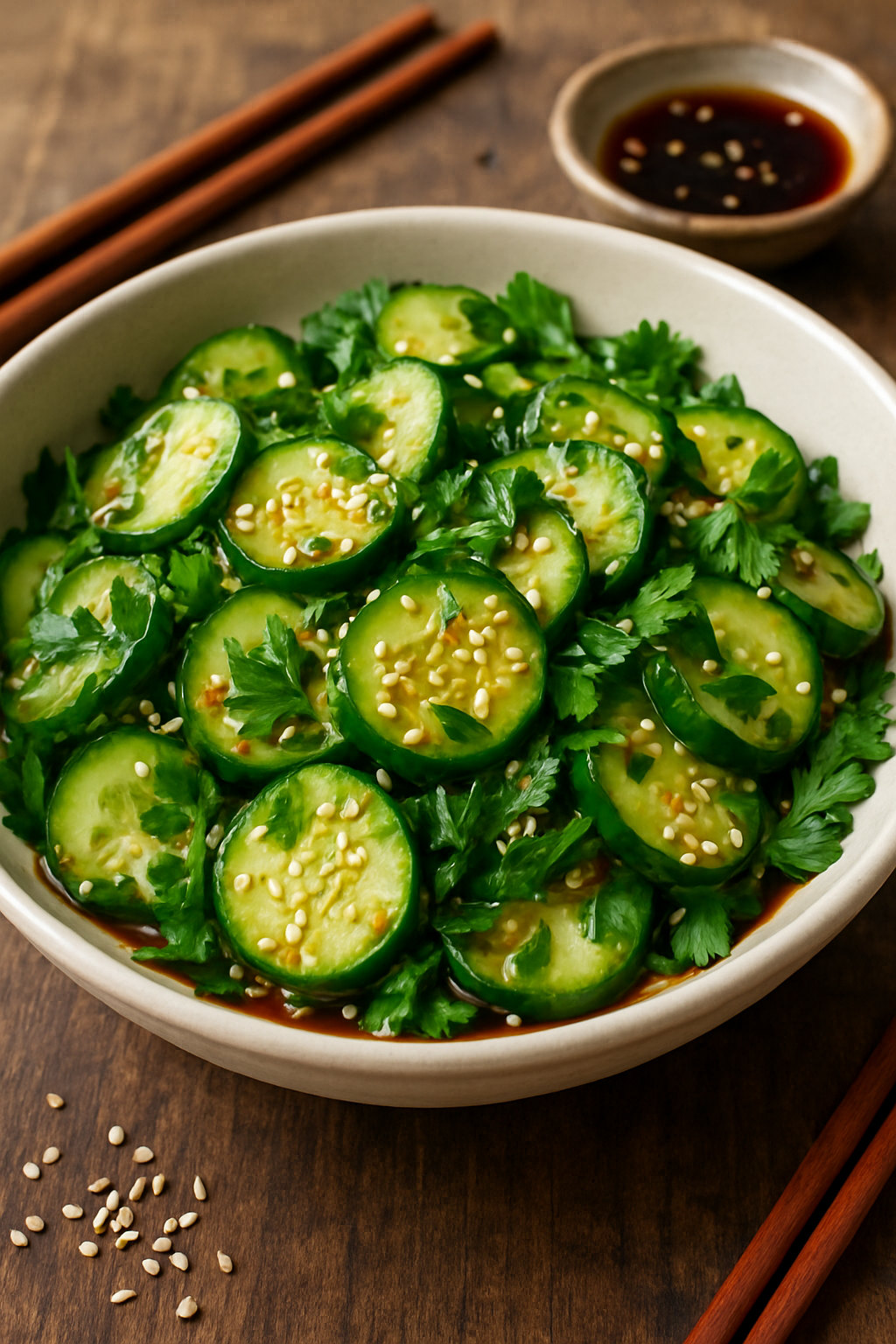 Refreshing Asian Cucumber Salad Recipe A colorful bowl of cucumber salad with herbs and sesame seeds on a wooden table.